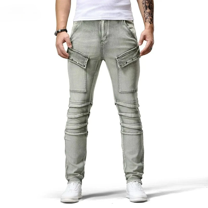 

Мужские джинсы в стиле ретро с нашивками, модные, приталенные, прямые, длинные брюки из денима