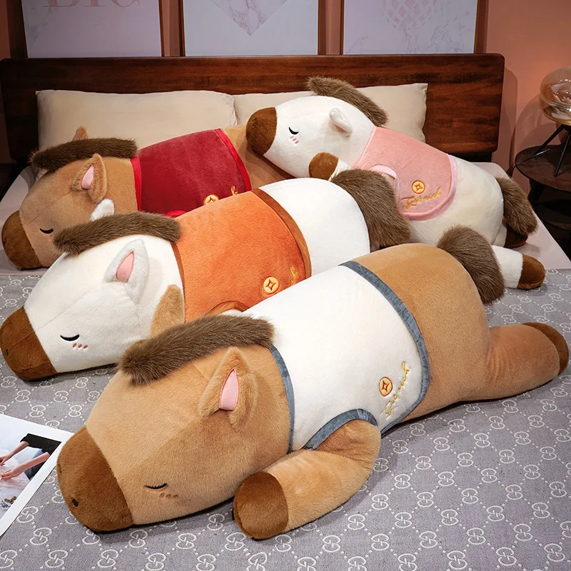 80-100cm Kawaii Cartoon Lying Horse Plush Long Pillow Toys Cute Animal Colorful Horse Throw Pillow Cushion Soft Doll Home Deco