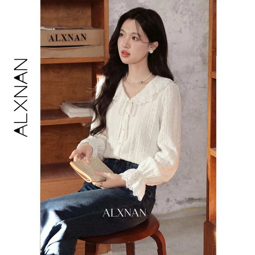 ALXNAN Women's White Shirt Autumn 2026 New V-neck Tie Ruffle Long Sleeve Blouses Elegant Fashion Casual Female Top L680119A
