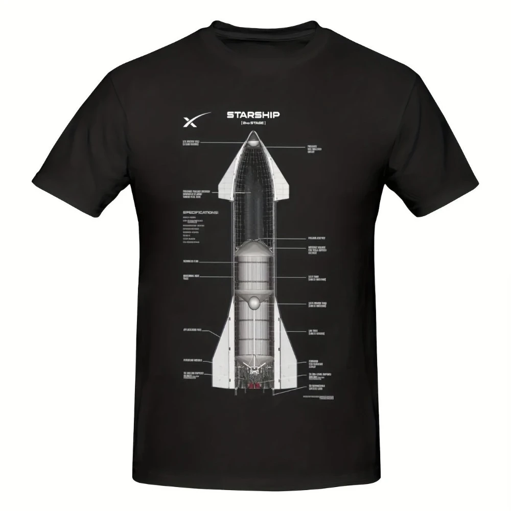 Men'S Vintage SpaceX Starship SN15 Technical Drawing T-Shirt Crewneck Tee SpaceX Rocket Specs All-Year Casual Shirt