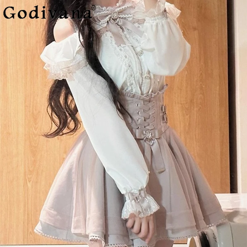 

Осенняя прозрачная серия, женская одежда в японском стиле, топ с бантом, юбка с высокой талией, милый комплект, милые костюмы с бантом в стиле Лолиты для девочек