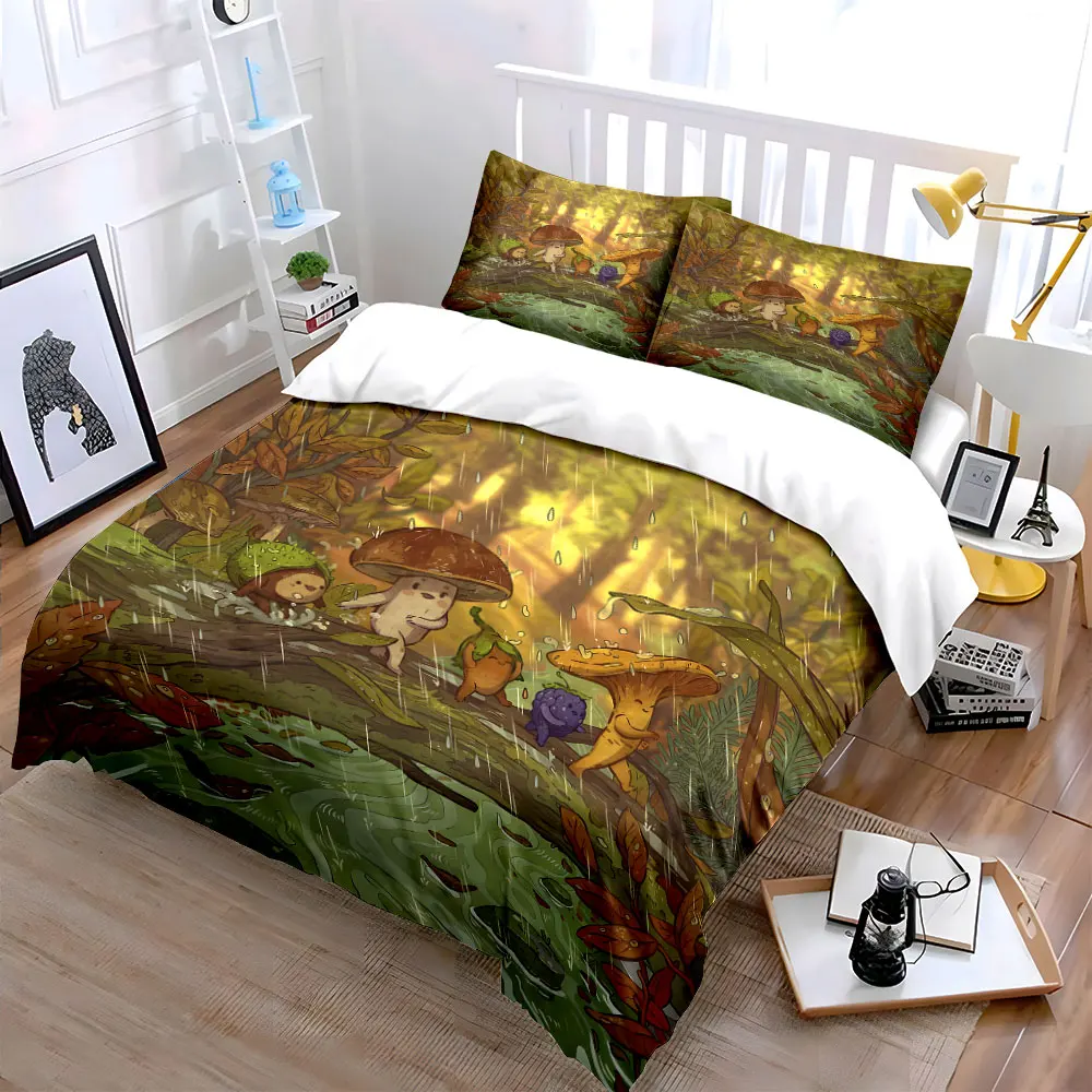 Mushrooms and plants in the rain forest Printed Duvet Cover Set1 Duvet Cover+2 PillowcaseMulti Size Bedroom Bedding Decor