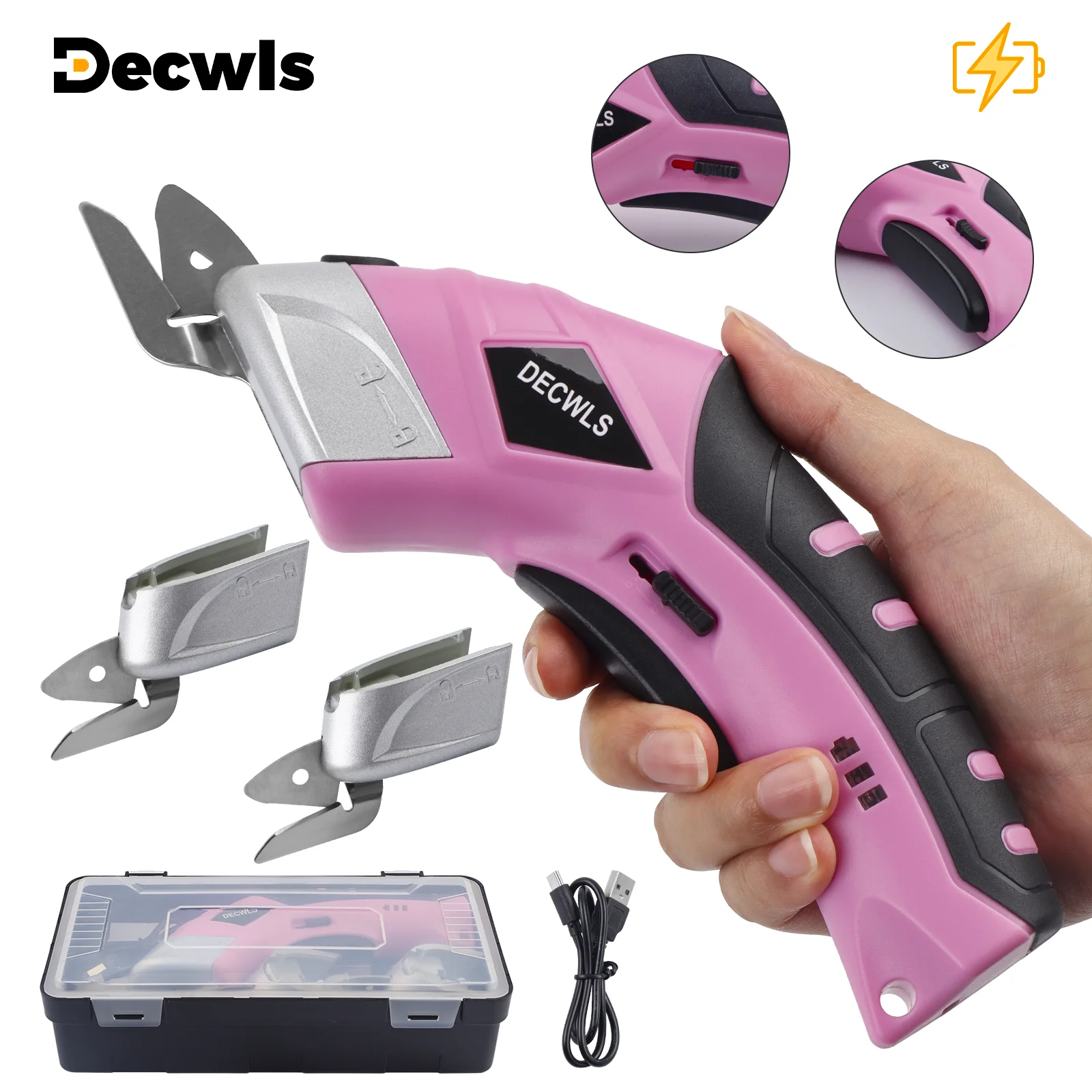 Ciseaux électriques portables sans fil, chargement USB, outils de couture portables, pour couper tissus, cuir, carton, plastique, avec trois têtes de rechange