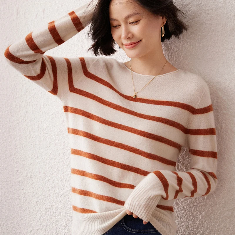 

Off-Shoulder 100% Cashmere Women's Sweater Autumn Winter Striped Korean Style Lazy Fashion Wool Base Shirt