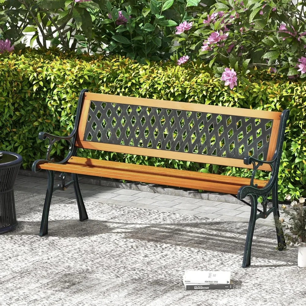 

Outdoor Garden Bench Park Bench, Patio Bench Chair with Cast Iron & Hardwood Structure, Weather Proof Porch Outdoor Furniture