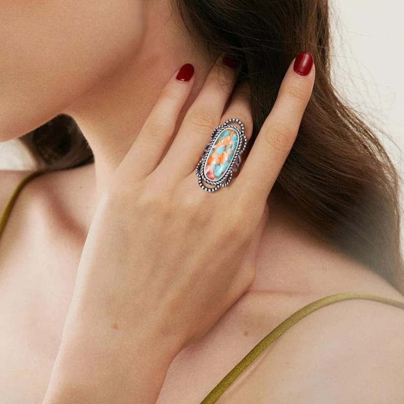 Vintage Ethnic Style Colorful Oval Patterned Women's Ring, Uniquely Designed for Women, Holiday Party Accessories, Jewelry