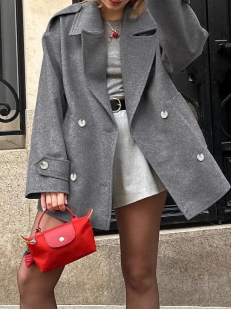 

New Grey Double Breasted Woolen Blend Coat Women Lapel Long Sleeve Pockets Casual Jackets Autumn Lady Daily Commuter Outerwear