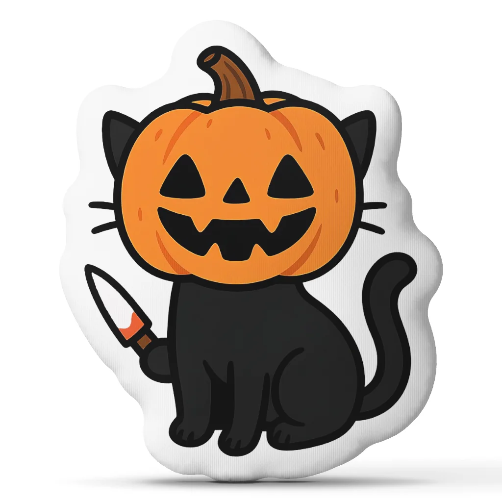 Halloween Black Cat Pumpkin Head Throw Pillow Spooky Knife Cat Cushion Irregular Shaped Decorative Pillow for Sofa Home Decor