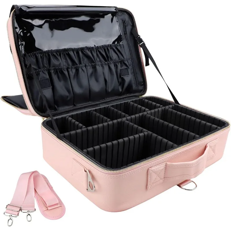 Travel Makeup Box Portable Makeup Train Box Storage Cosmetic Bag with Adjustable Dividers and Shoulder Straps