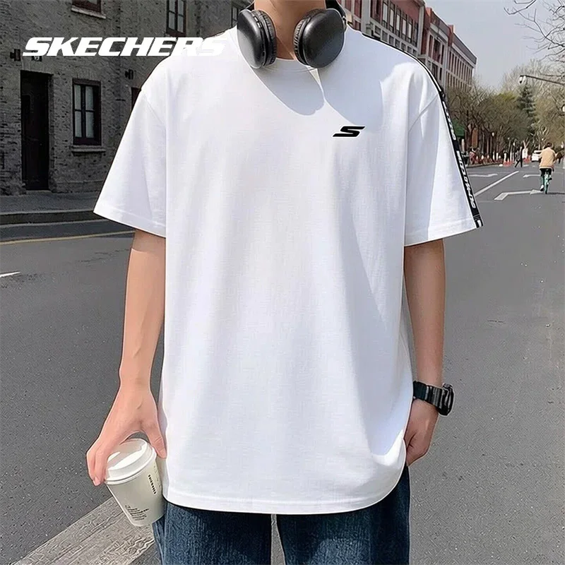 Skechers White Men's Knitted Short-Sleeved T-Shirt - Summer New Design for Sporty and Casual Wear P225M270-0019