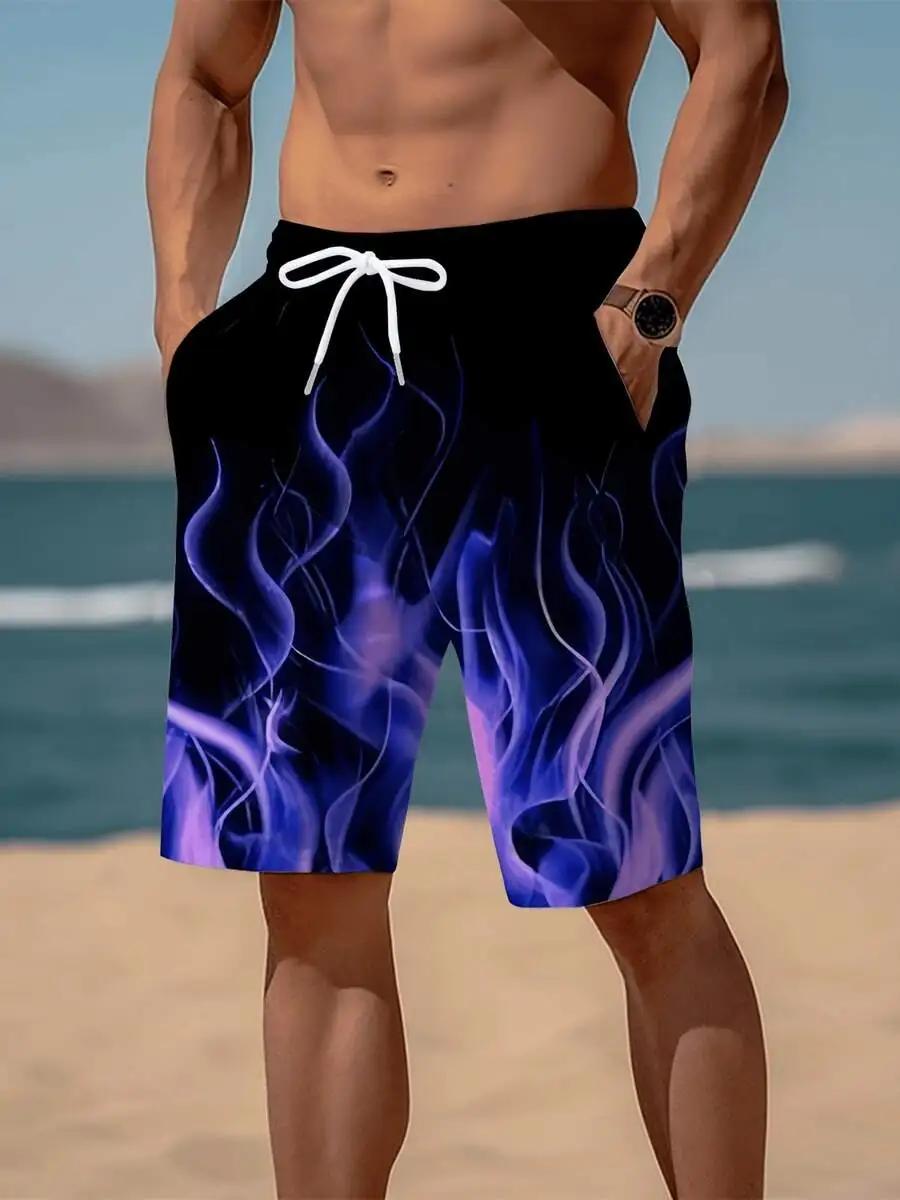 

Men 3D Printed Blue Flame Pattern Loose Polyester Shorts Drawstring Waist Casual Beach Summer