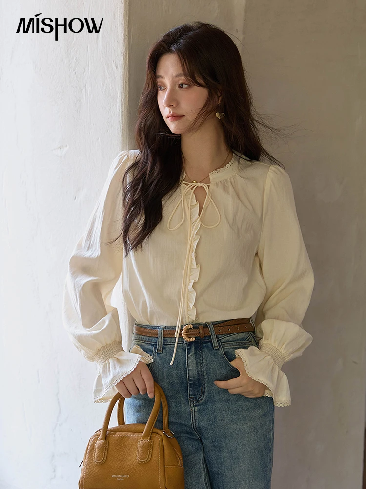 

MISHOW Women's Apricot Black Fungus Collar Shirt 2025 Autumn Korean Asymmetrical Placket Shirts Lantern Sleeve Top MXE43C2390