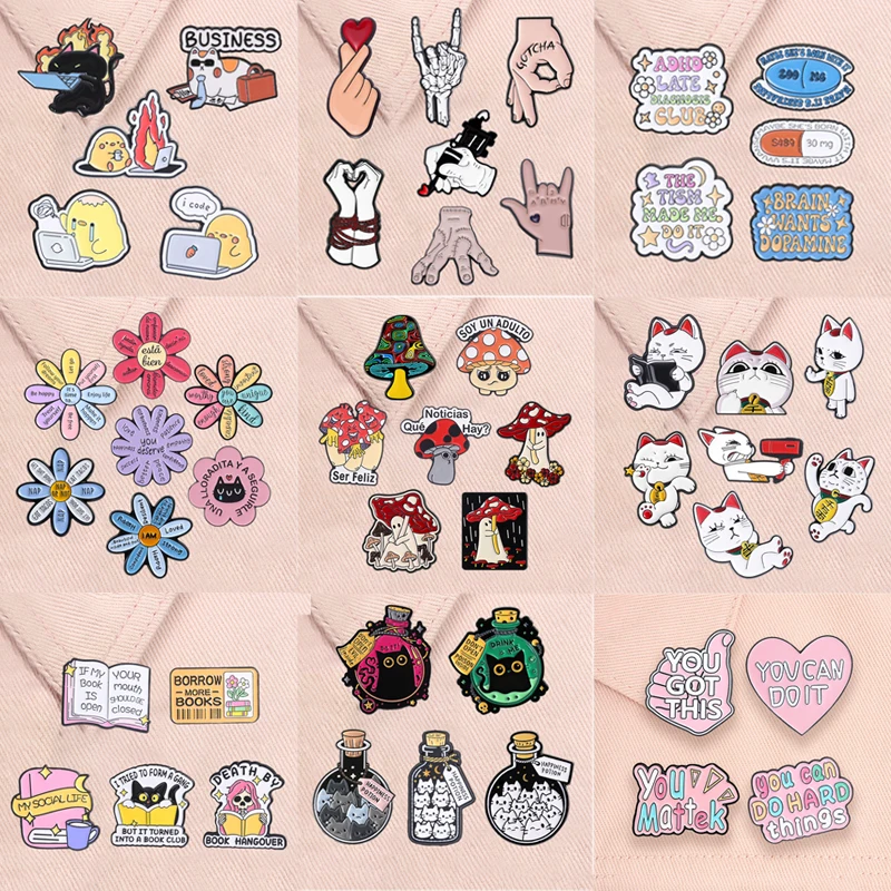2-10pcs/set Work Cat Enamel Pins Happiness Potion Magic Bottle Flork Meme Turbo Granny Cat Brooches Lapel Badge Jewelry Gifts