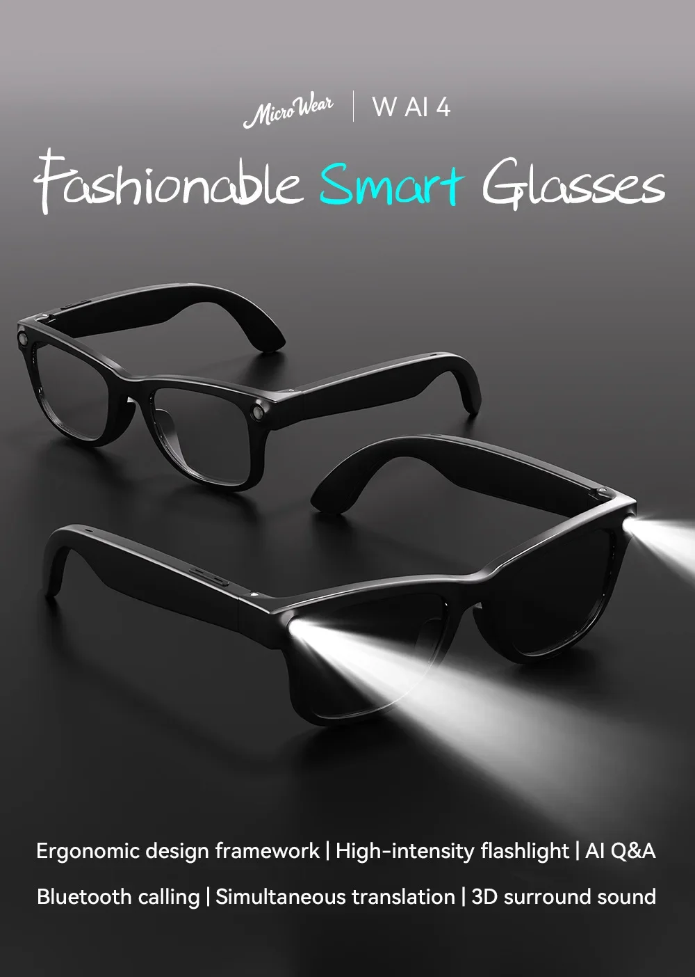 WAi4 Multi Function Smart Glasses Bluetooth Call AI Interpretation Voice Assistant Recording Music Playback Strong Flashlight
