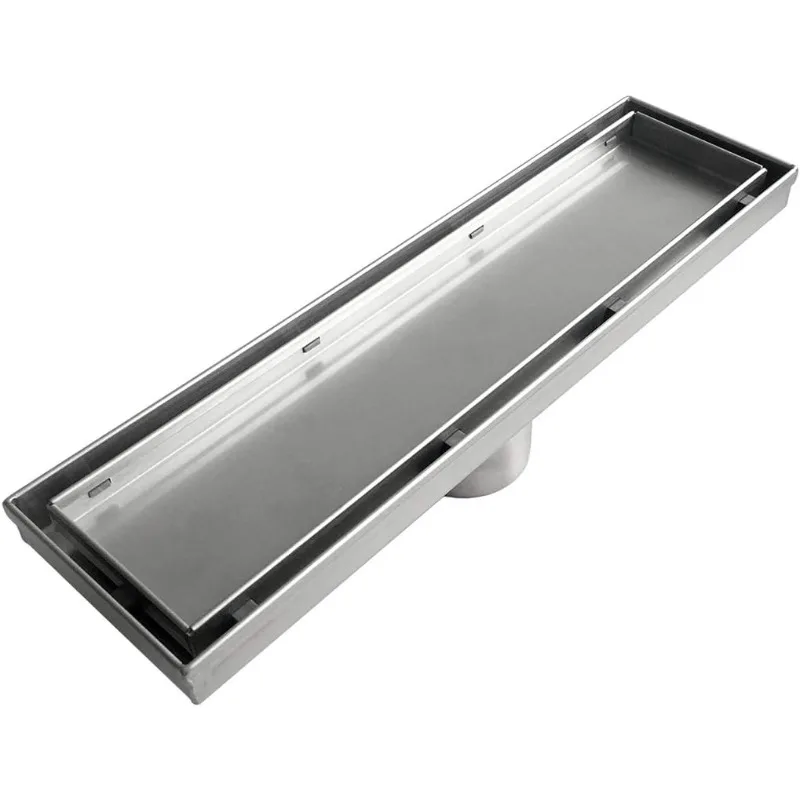 12 Inch Linear Shower Drain with 2-in-1 Flat and Tile Insert Cover, Brushed 304 Stainless Steel Rectangular Shower Floor Drain