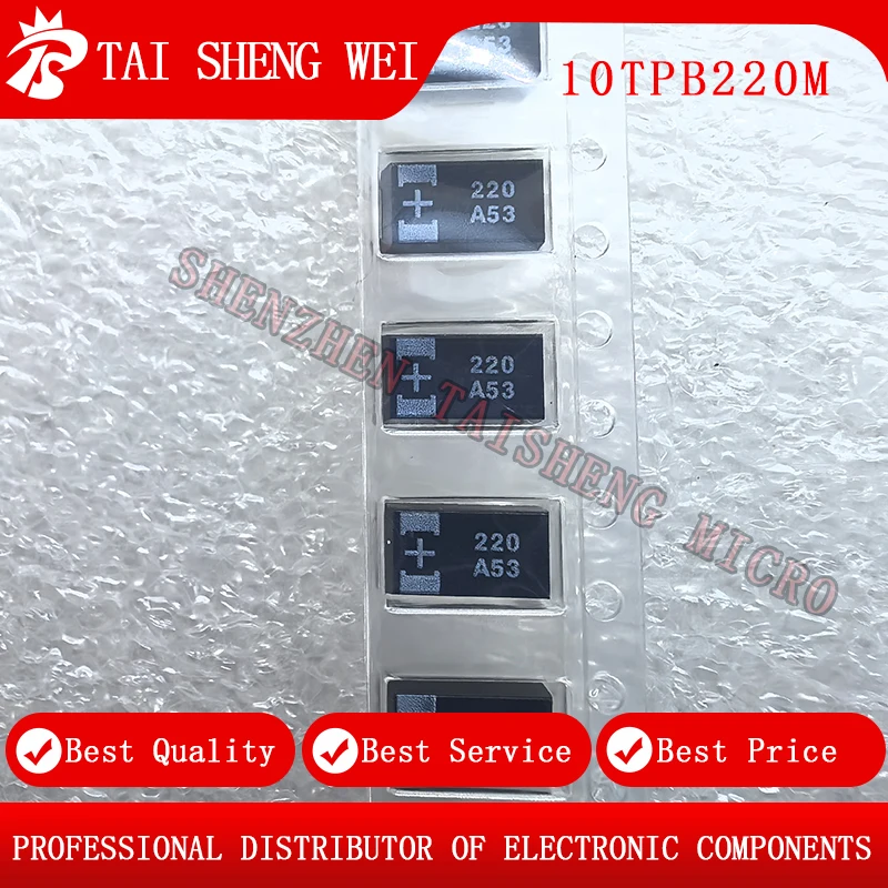 10pcs ใหม่ 10TPB220M ตัวเก็บประจุแทนทาลัมโพลิเมอร์ 10v 220uF E 7343 ประทับตรา 220 A53
