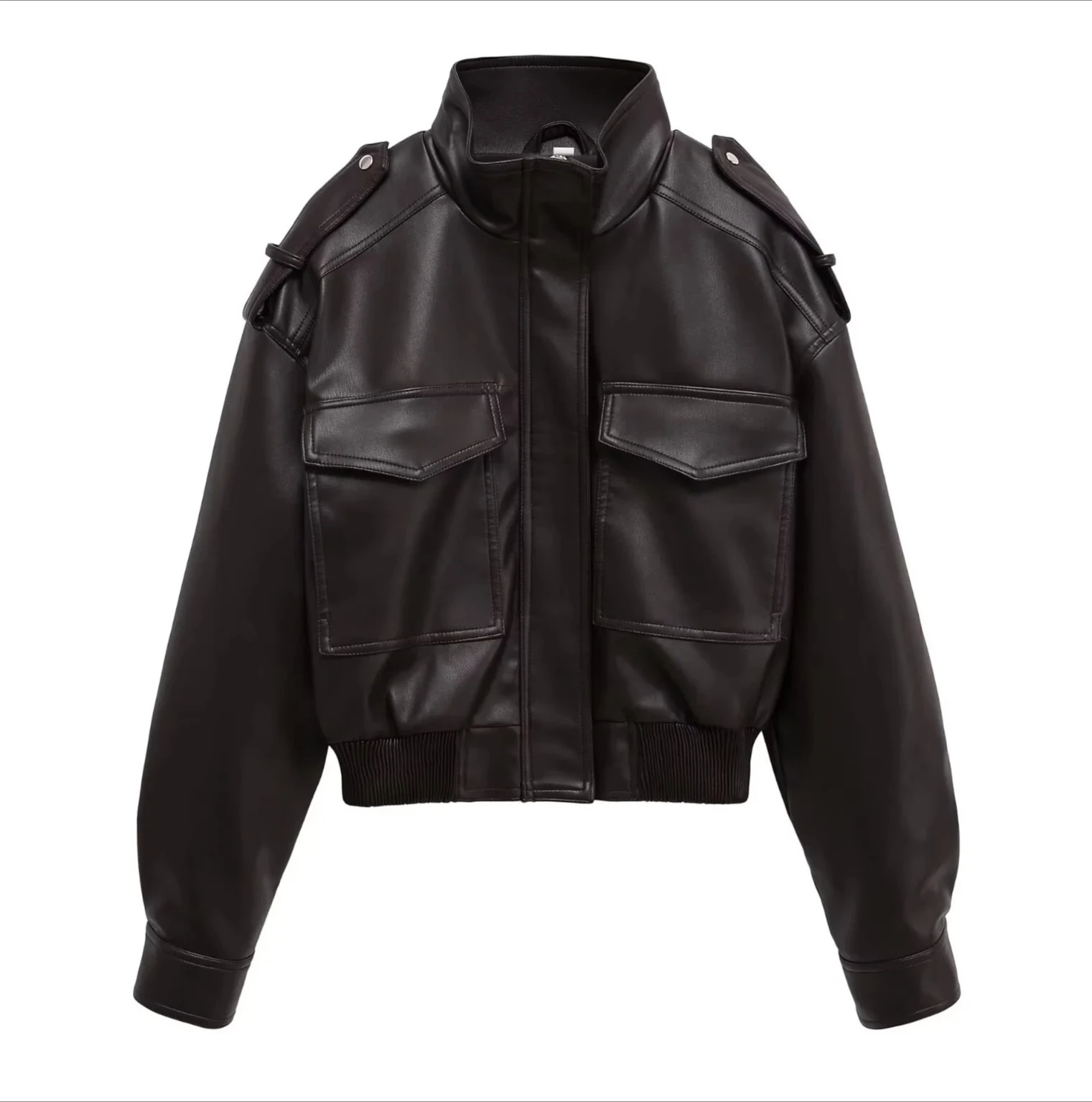 سترة نسائية جديدة بجيب كبير وسحاب وياقة واقفة من الجلد المقلد فضفاضة بأكمام طويلة