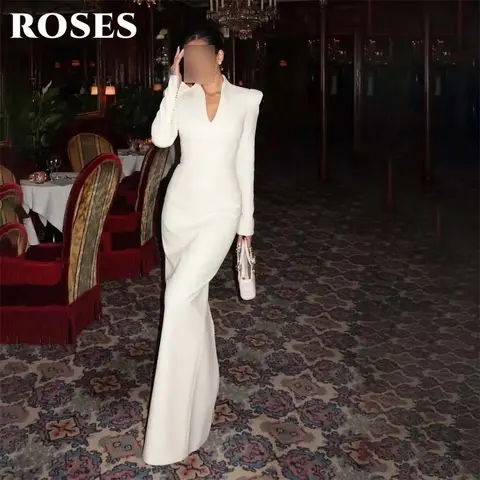 ROSES White Evening Dress V Neck Mermaid Prom Dresses Long Sleeve Party Formal Gown with Button robe de bal for Woman Customized