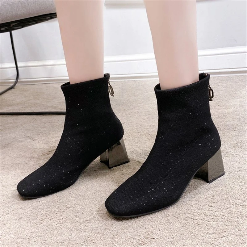 Elastic Sequined Cloth Women Sexy Sock Boots Autumn Metal Square Heels Ladies Office Shoes Party Pointed Black Female Ankle Boot