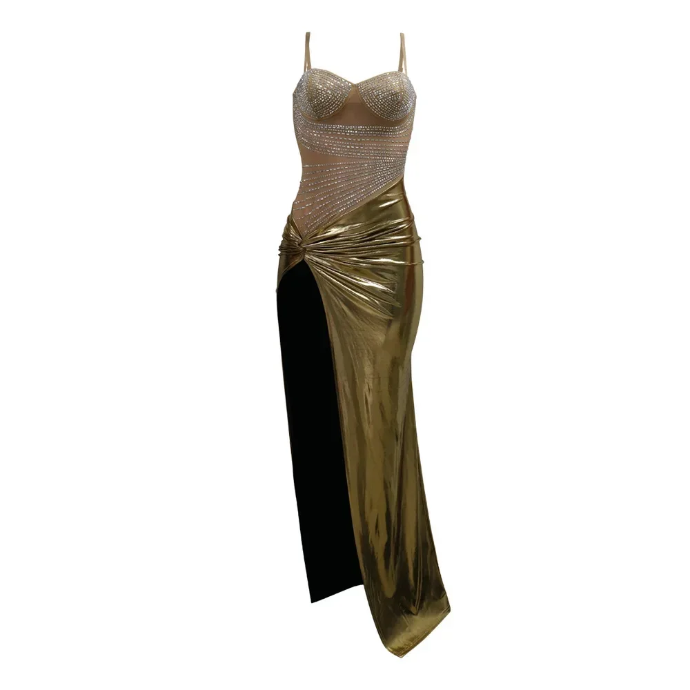 

Summer Sleeveless Split Rhinestone Long Dress mesh see through Fashion Evening Vestidos Sexy Party Club Birthday Dresses