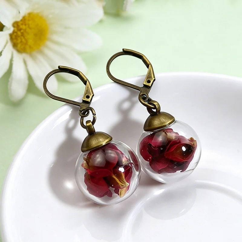 1Pair Glass Globe Real Flower Petal Earrings Real Rose Fashion Transparent Glass Small Ball Earrings for Women Custom Jewelry