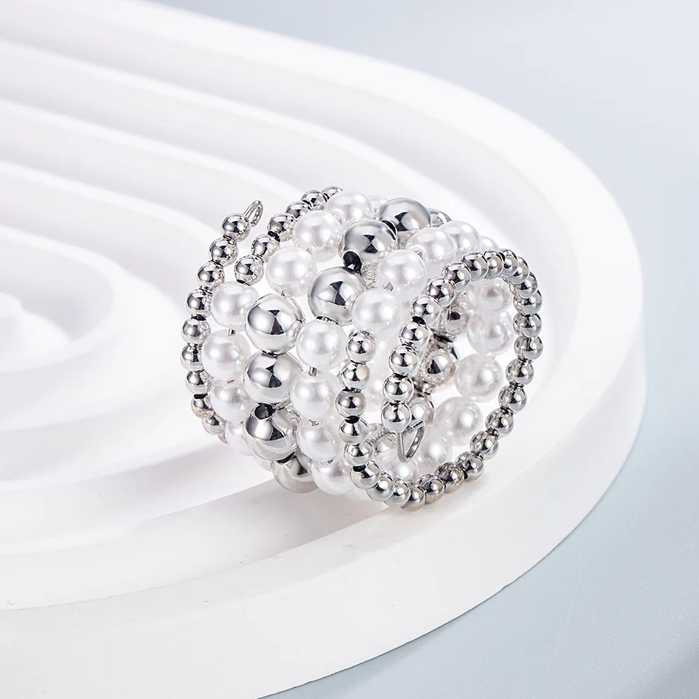 925 Sterling Silver Open Finger Ring Multi Layer Wrap Beaded Pearl Elegant Wide For Women Girl Jewelry Gift Dropship Wholesale