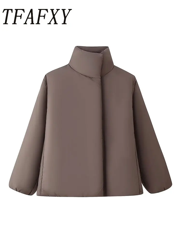 

TFAFXY женская хлопковая стеганая куртка 2025, зимняя толстая свободная куртка с воротником-стойкой, женская верхняя одежда, парки Y2K