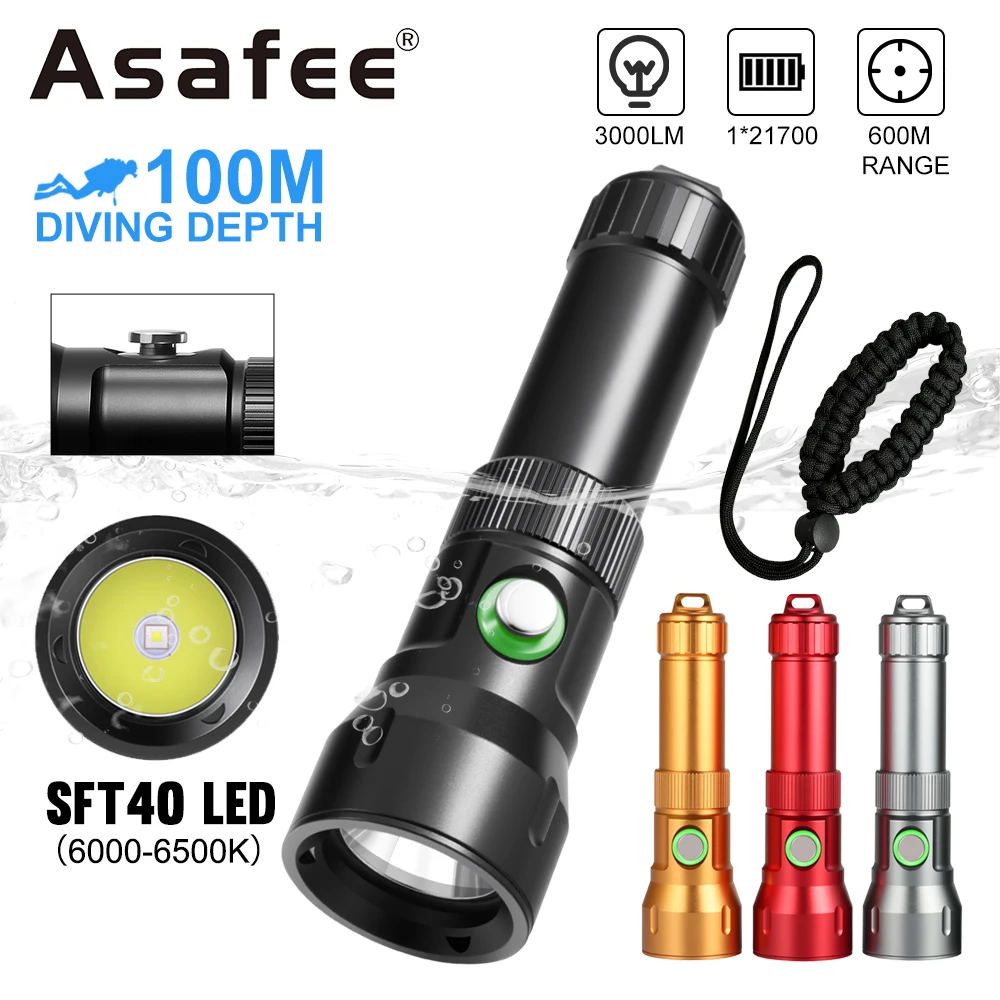 asafee-dt-300-3000ルーメン強光潜水懐中電灯ipx-8-4種類の照明モード灯篭アルミニウム合金屋外緊急懐中電灯﻿
