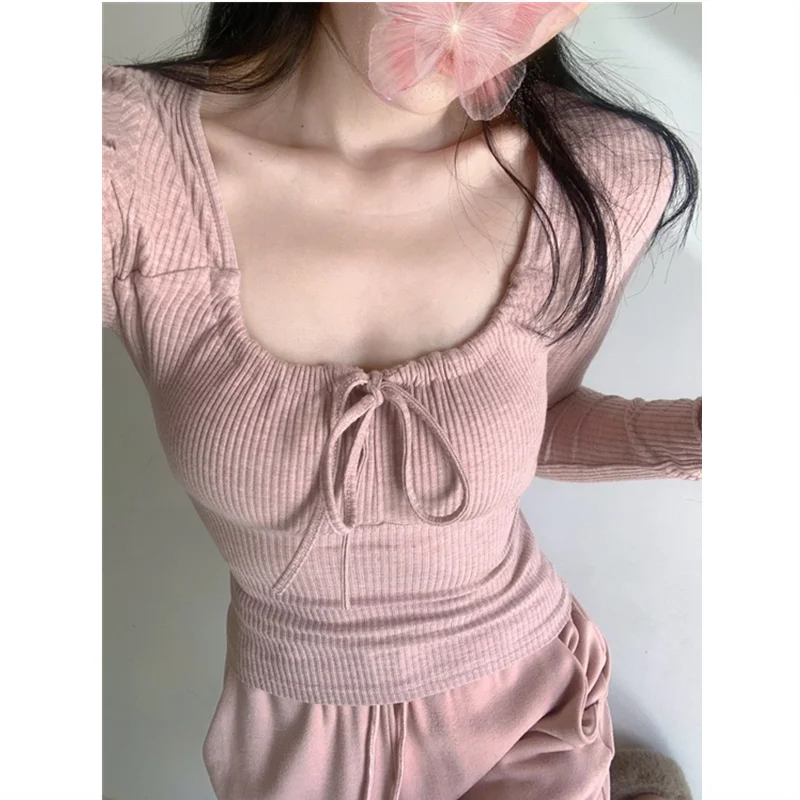 Woman Clothing Long Sleeve T-shirt Sexy Draw Rope Square Collar Lace-up T-Shirts Fashion Solid Color Spring Autumn Tees T-shirt