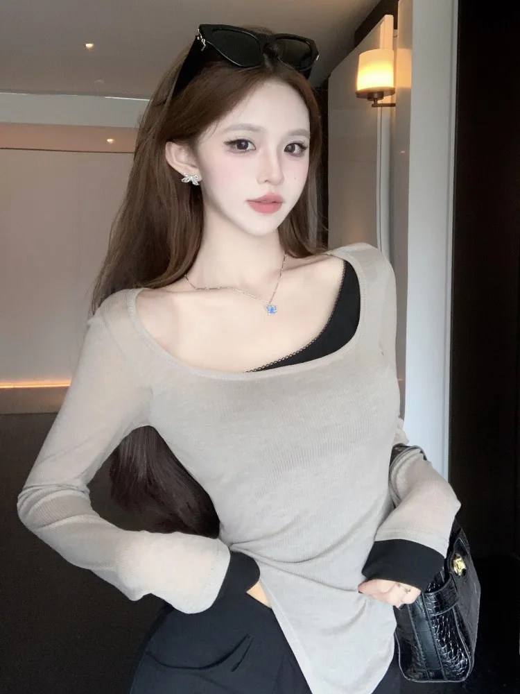 

Early Autumn Pure Desire Sexy Design Fake Two-Piece Base Shirt Women's Uneven Long Sleeve T-Shirt Short Top Inner Wear