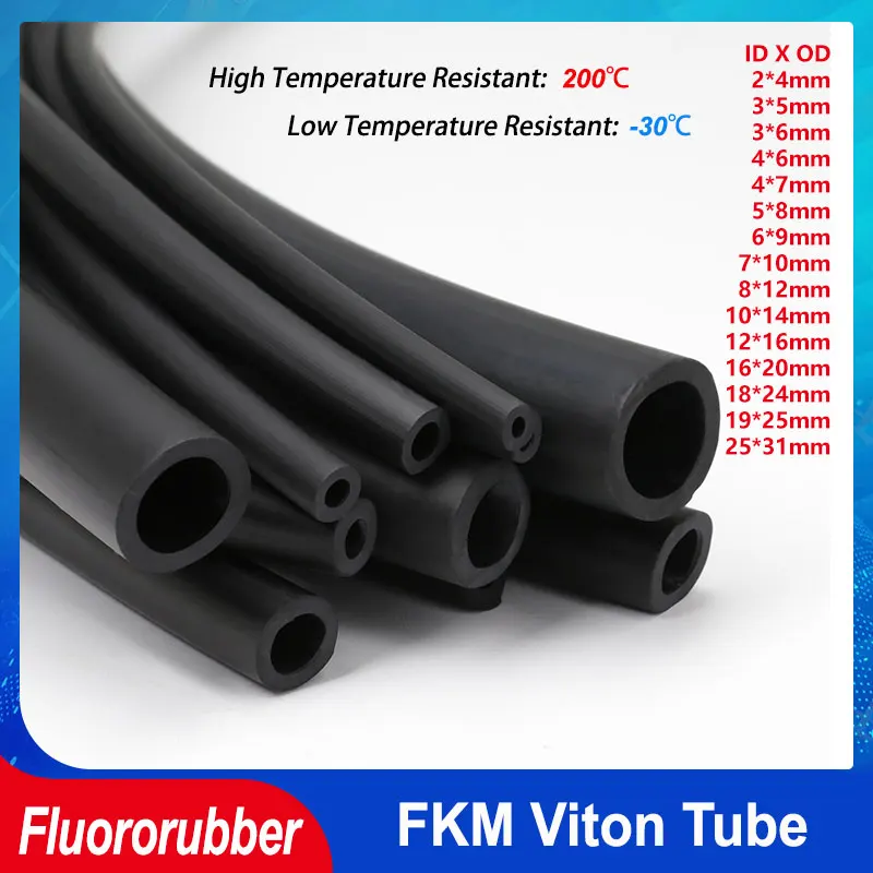 1-10m Black FKM Viton Tube Dia. 2mm - 25mm High Temperature 200Deg.C Acid Alkali Corrosion Resistance Fluororubber Oil Hose