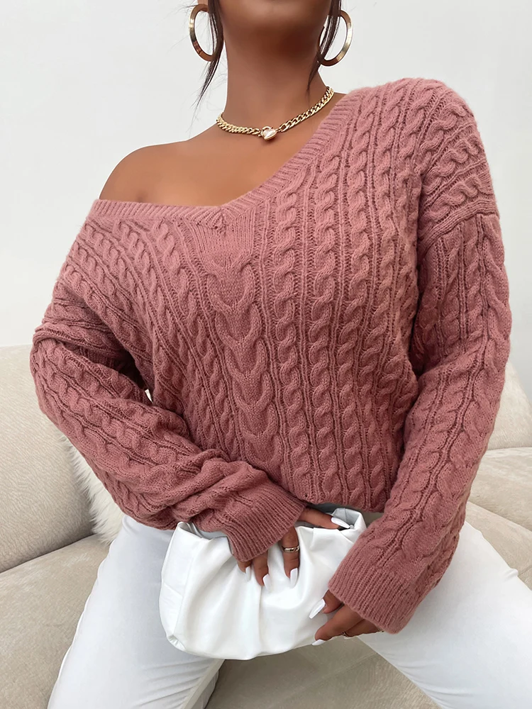 ONELINK Plus Size Women\'s Pullover Sweater Pink Sexy V Neck Cable Knitting Pattern Long Sleeve Stitching Top