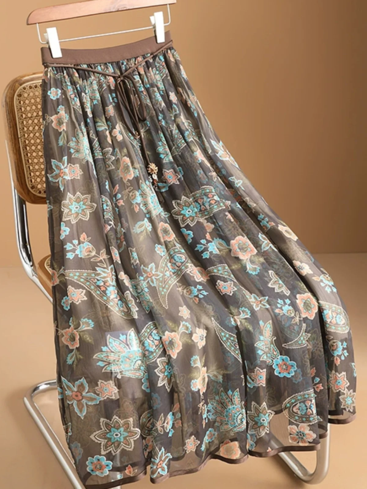 Ele الأزهار طباعة الشيفون ter Ne Dr المرأة تخفيف خمر عالية الخصر ألف خط تنورة ميدي طول مع الطيات #1