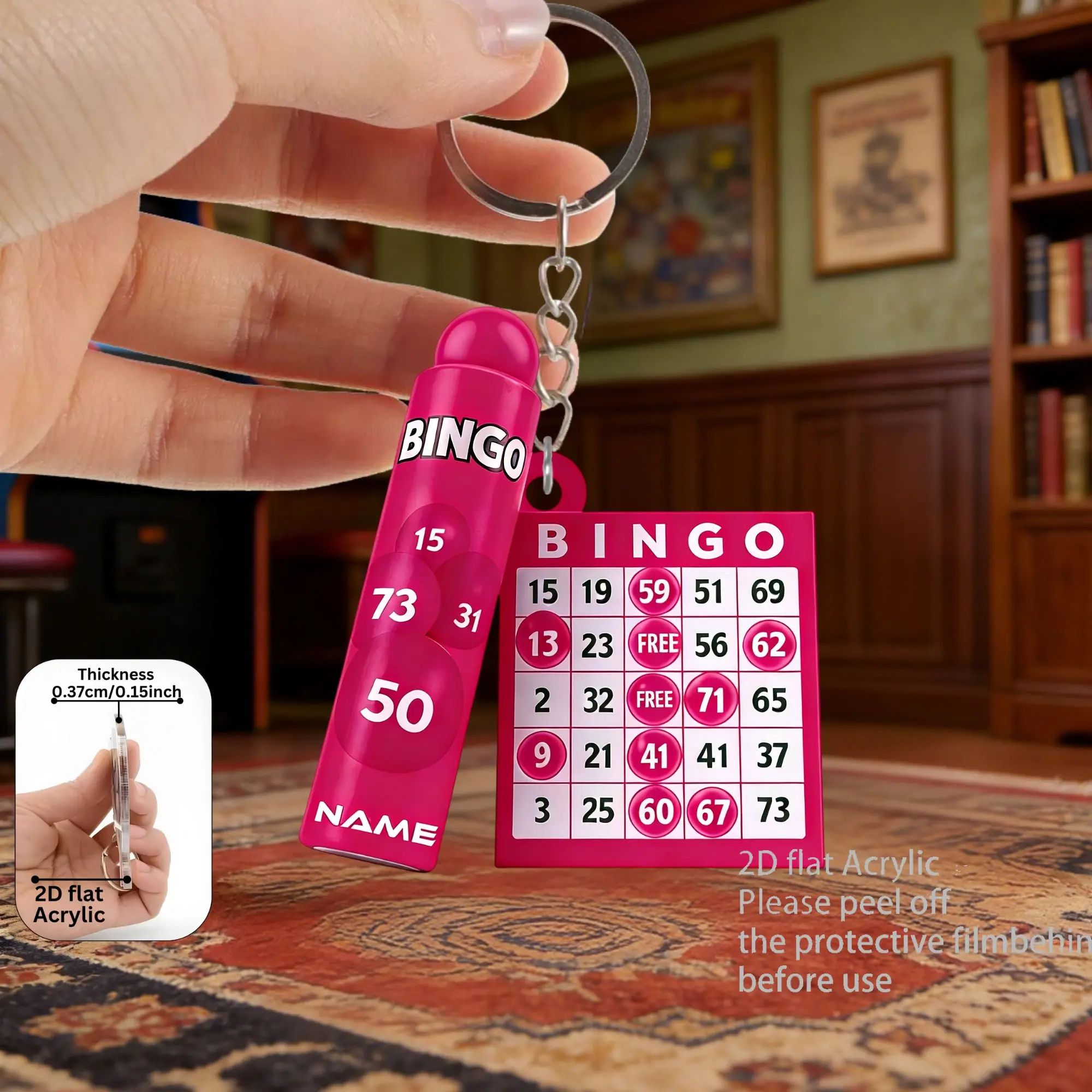 2D Bingo Game Theme Keychain Flat Acrylic Pendant for Tree Birthday Christmas Home Office Decor Gifts For Friends Men Family