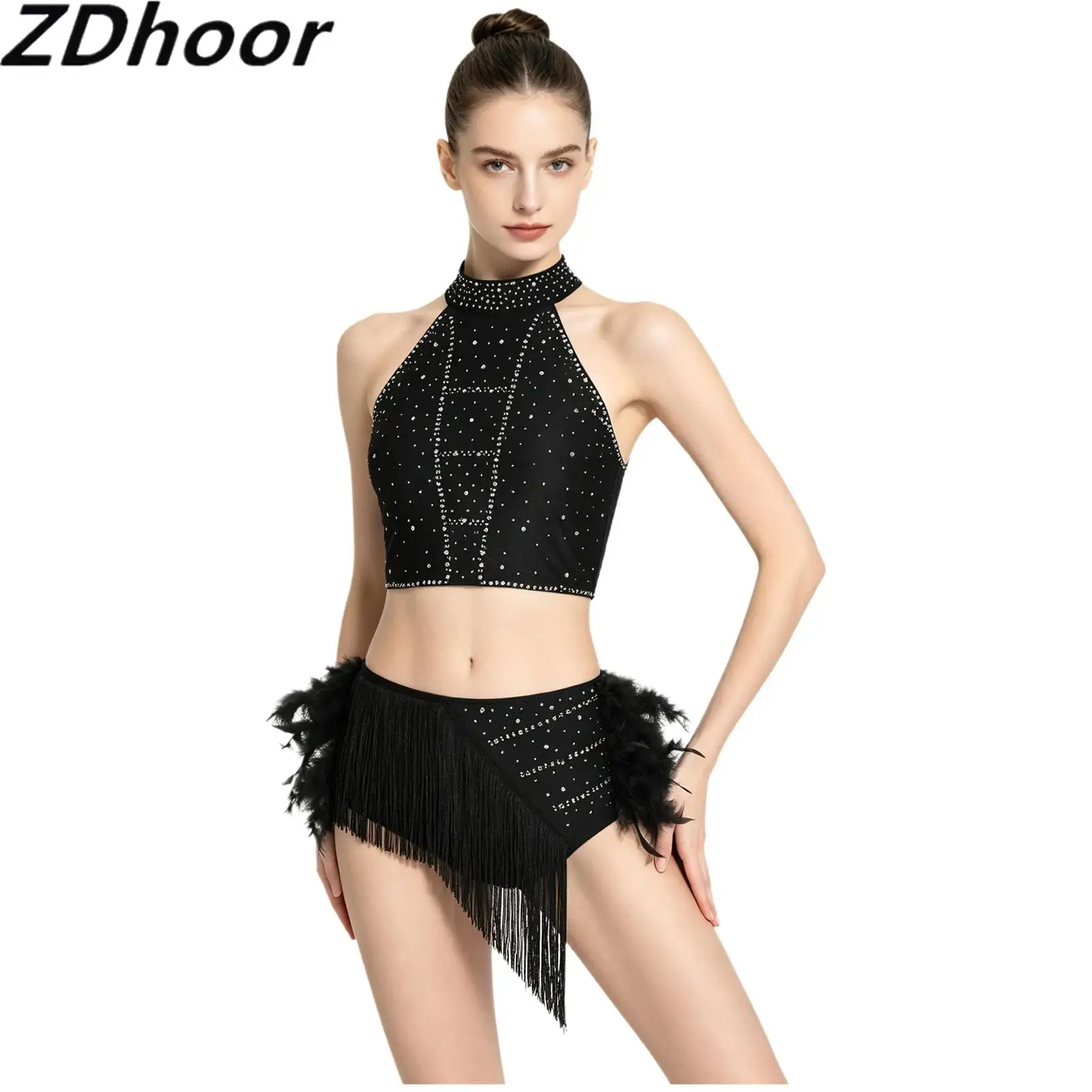 Women Sparkling Rhinestones Back Crop Top Elastic Waistband Faux Feather And Tassel Bottoms Two-piece Set for Latin Dance