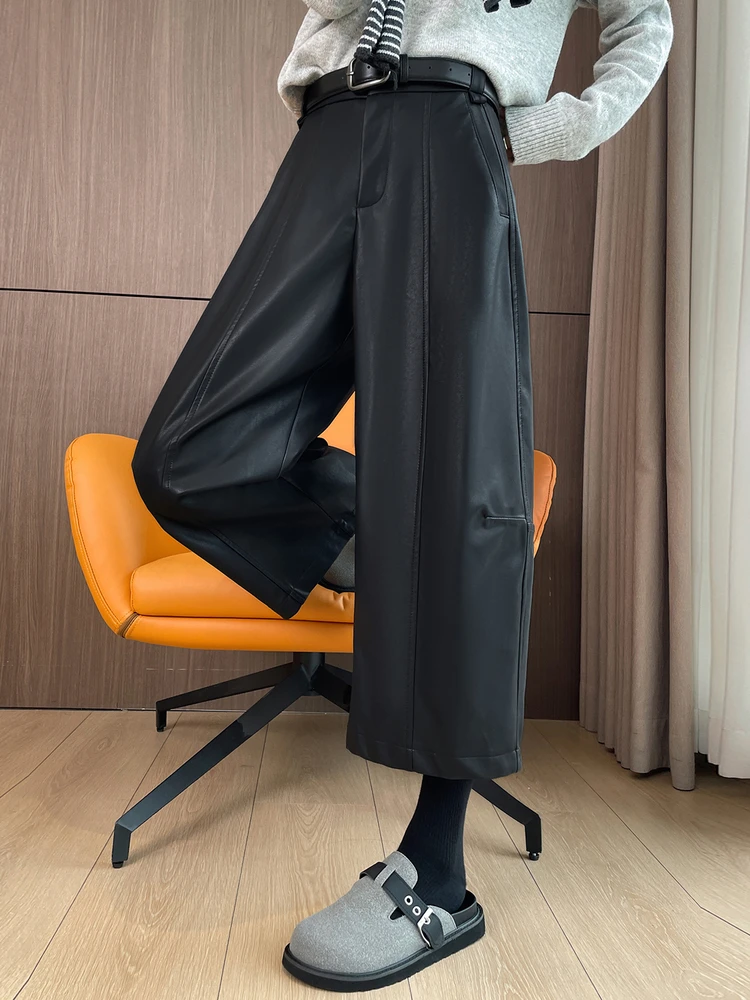 

Американские женские брюки из искусственной кожи с широкими штанинами, свободного прямого кроя, до колена, с высокой талией и молнией, в стиле Cool Sle