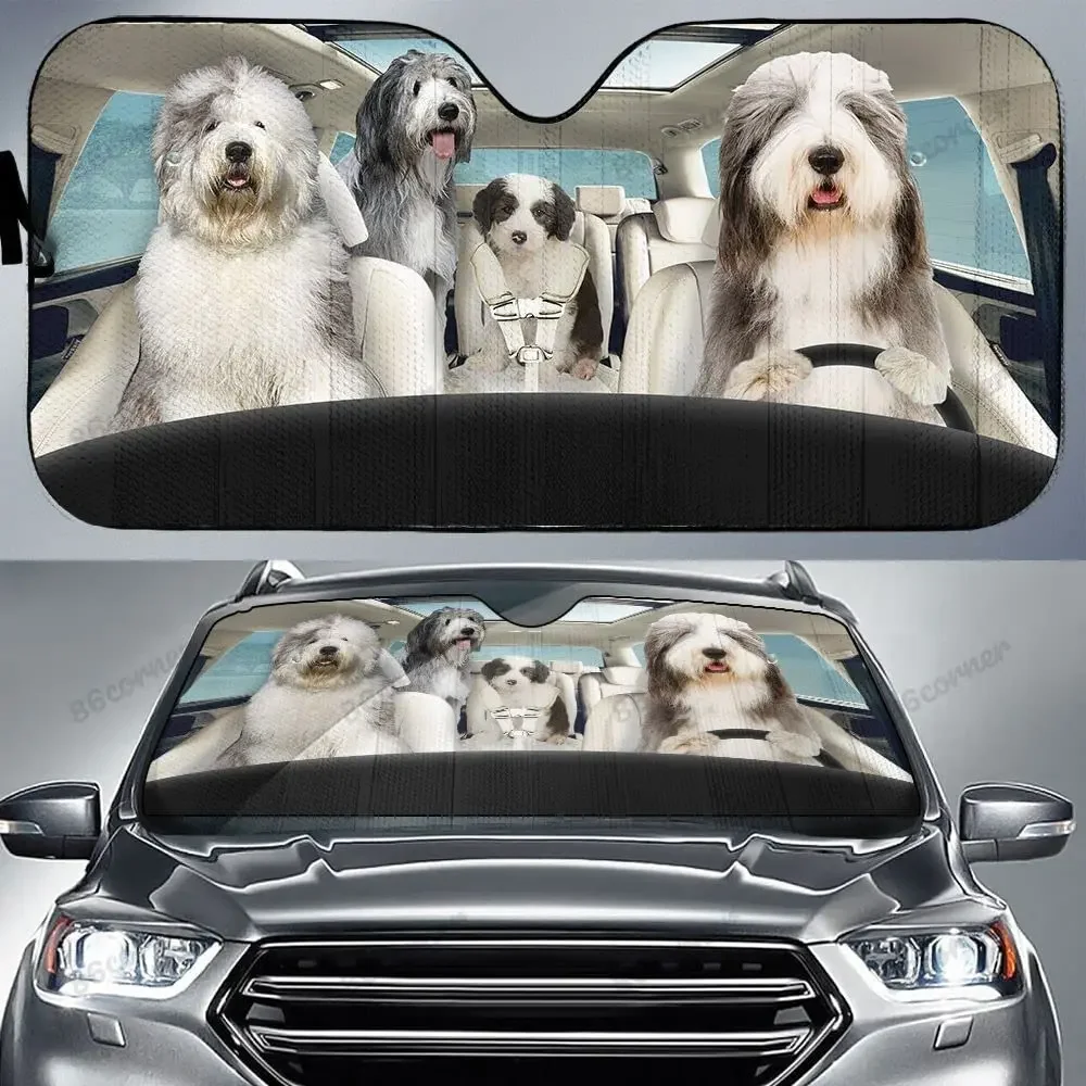 Old English Sheepdog Family Driving Car Sunshade, Old English Sheepdog Family Car Sunshade for Windshield, Dog Lovers Sunshade,