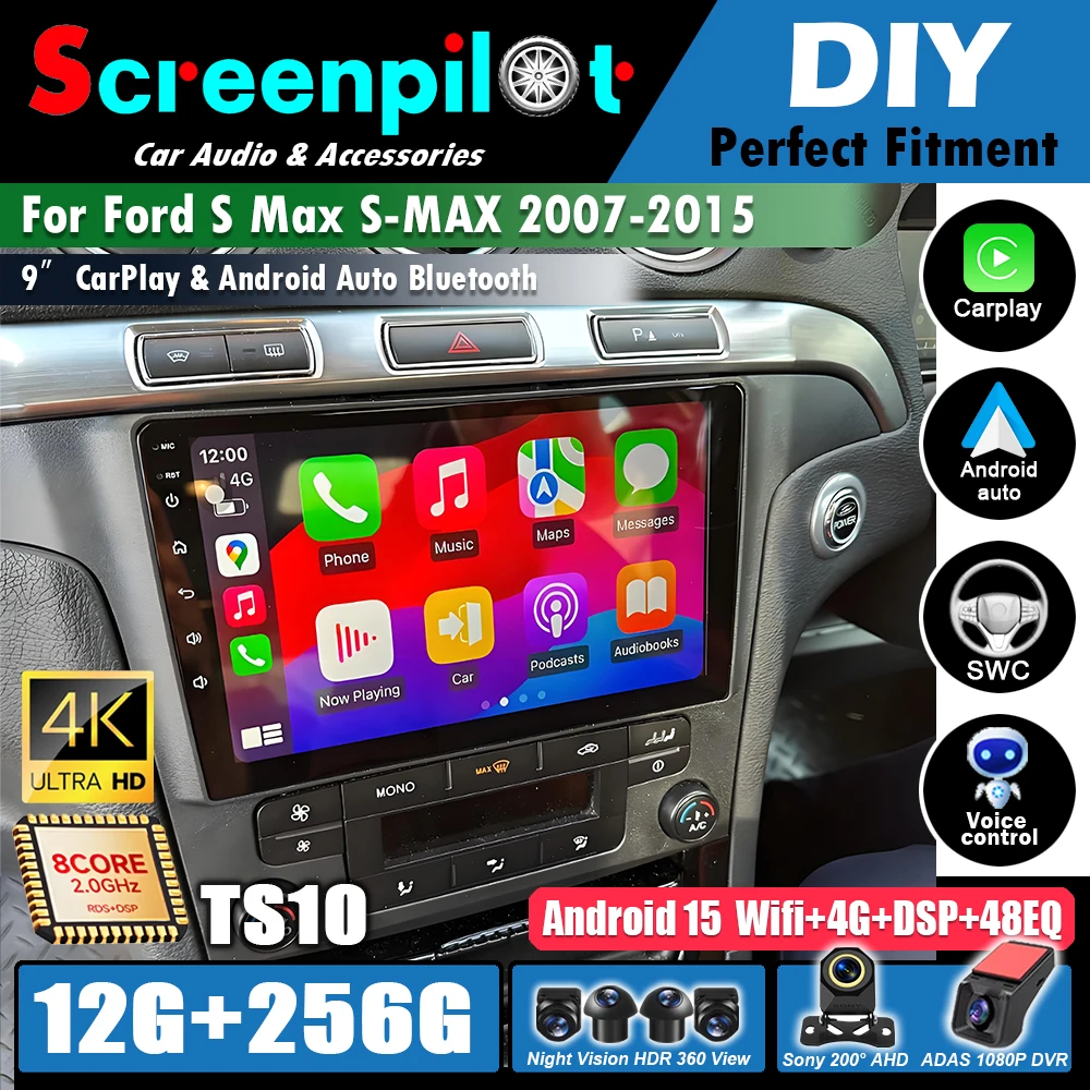 Android 16 para Ford S Max S-MAX 2007-2015 Rádio Automotivo Multimídia Reprodutor de Vídeo Estéreo Carplay GPS Navegação WIFI 5G Áudio