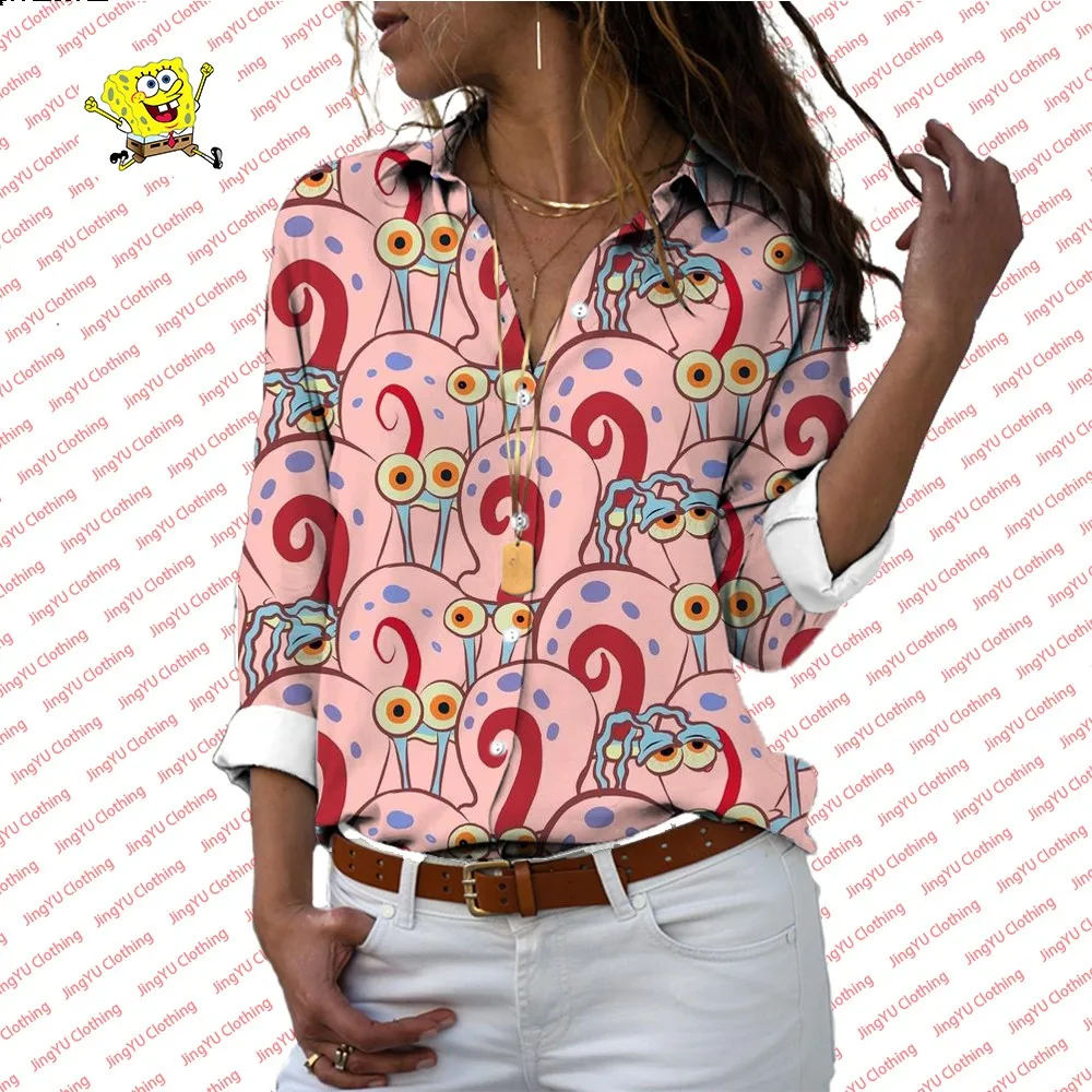 2024 Fashion New Lapel Long Sleeve Single Breasted Shirt Spongebob Pattern Printed Women\'s Casual All-match Shirt y2k