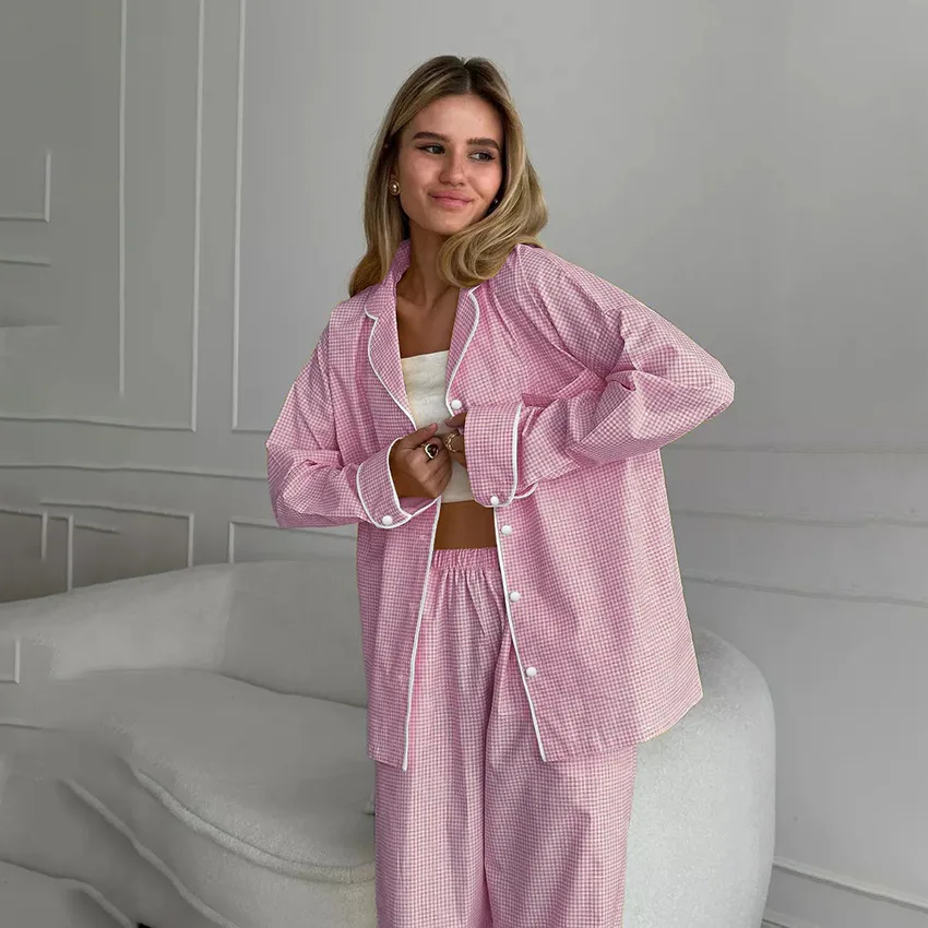 

2024 Pajama Sets Clothes for Women New Pink Plaid Pajamas 2-piece Set of Casual and Comfortable Splicing Ladies Loungewear