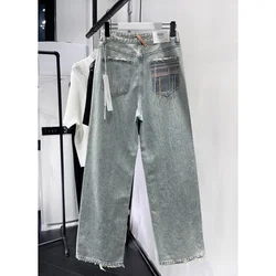 Blue Women Jeans Tassels High Waist Vintage Straight Baggy Denim Pants Streetwear American 2023 New Fashion Wide Leg Trouser