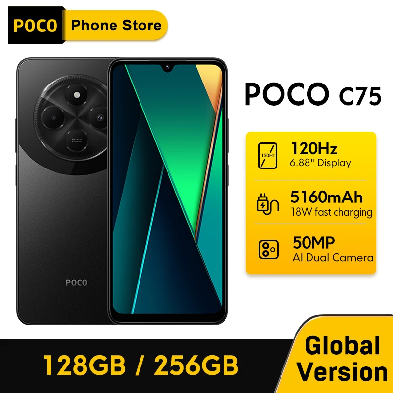 Global Version POCO C75 Smartphone 50MP Dual Camera 6.88' 120Hz Dot Drop Display Massive 5160mAh Battery 18W Fast Charging NFC