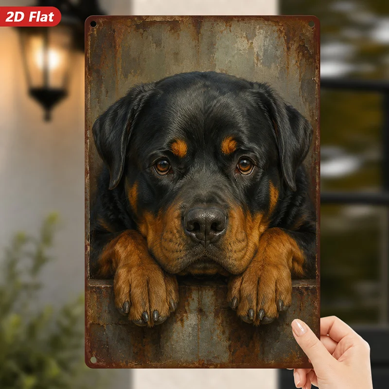 2D Flat,Rottweiler Portrait Metal Sign Wall Art, Black And Tan Dog Face, Paws Resting Forward, Perfect for Office Dining Room