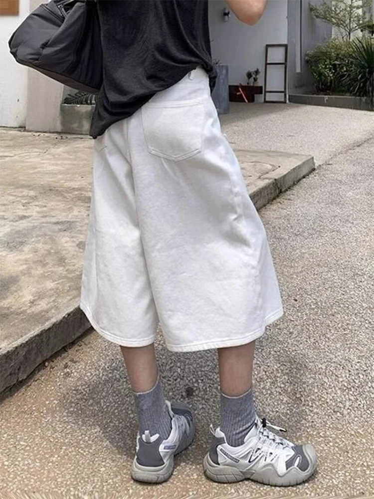 Białe luźne spodnie jeansowe z prostymi nogawkami, damskie letnie spodnie w stylu amerykańskim retro z wysokim stanem, szerokie nogawki, wyszczuplające jeansy plus size.