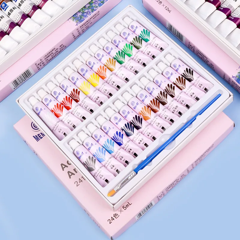 Acrylic Paint & Watercolor Set With Brush 12/24 Colors Pigment 5ml Kids Painting Kit For Beginner Students