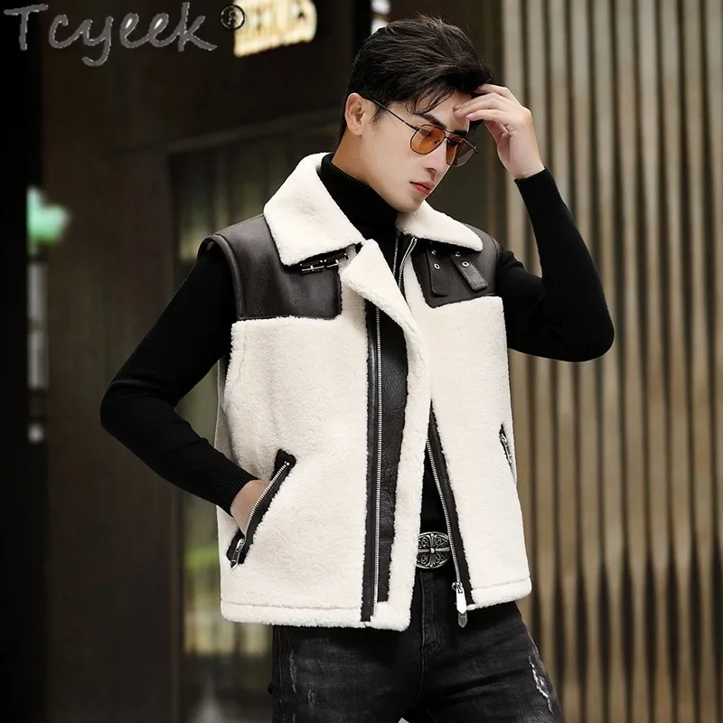 Tcyeek Natural Fur Vest for Men Genuine Leather Jacket Sleeveless Fashion Real Sheepskin Fur Jackets Man Clothing Winter Vests