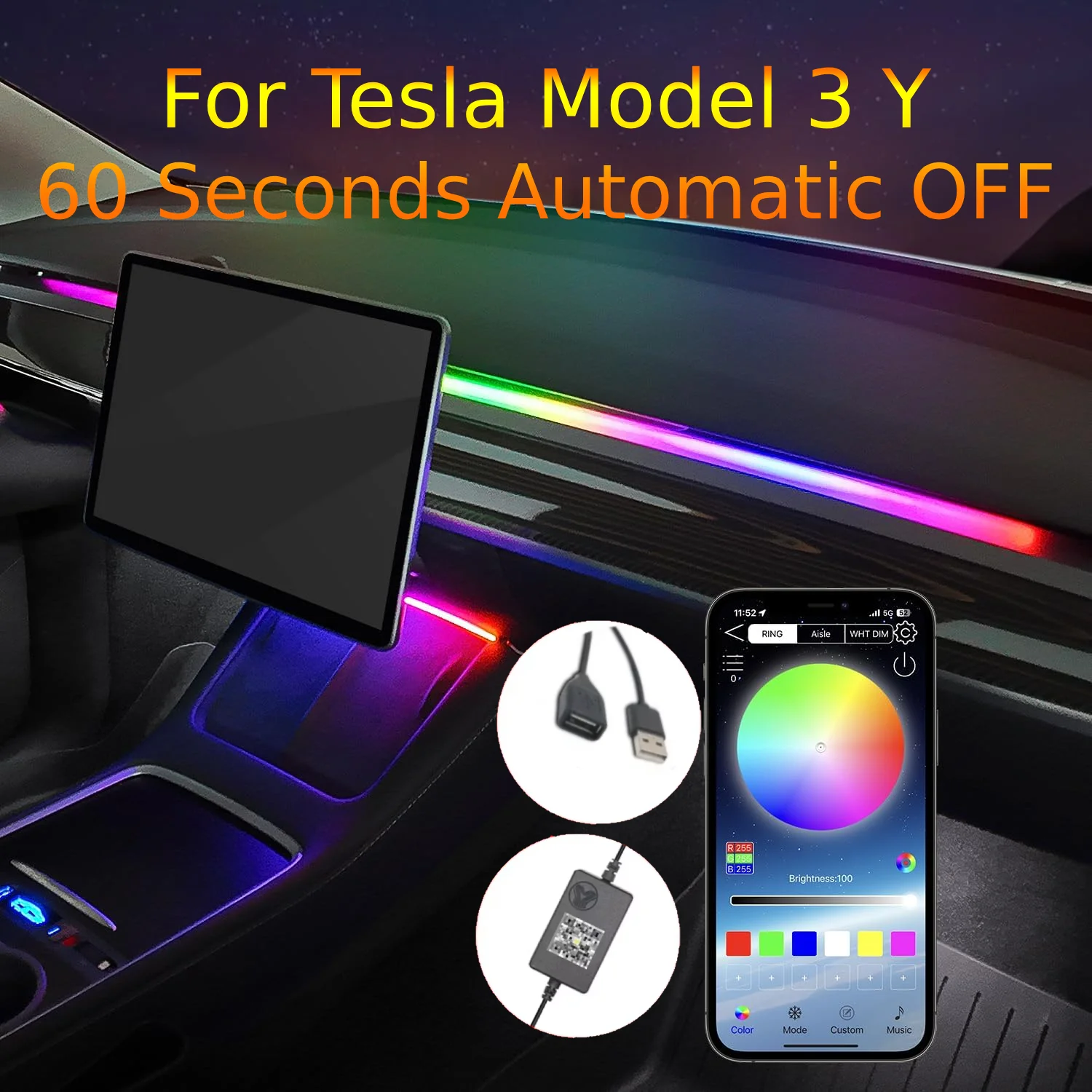 Car Ambient Light For Tesla Model 3 Model Y 60 Seconds Automatic OFF Module With USB Expansion Dock RGB APP Dashboard Lighting