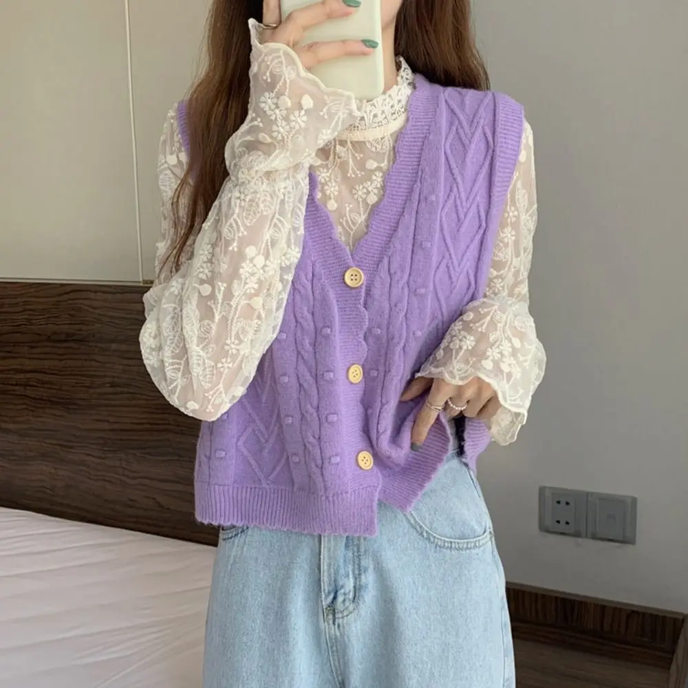 V-Neck Pullover Tops Vintage Knitted Vest Sleeveless Casual Knitted Sweater Vest Loose Korean V-neck Sweater Autumn/Winter