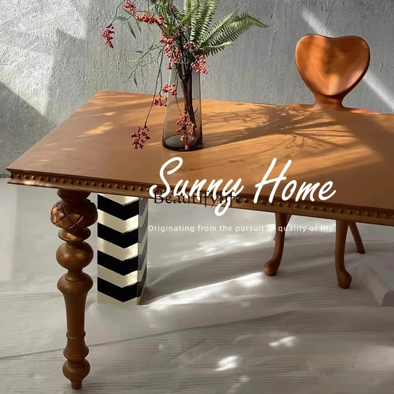 Medieval simple striped solid wood dining table, French creative retro rectangular dining table