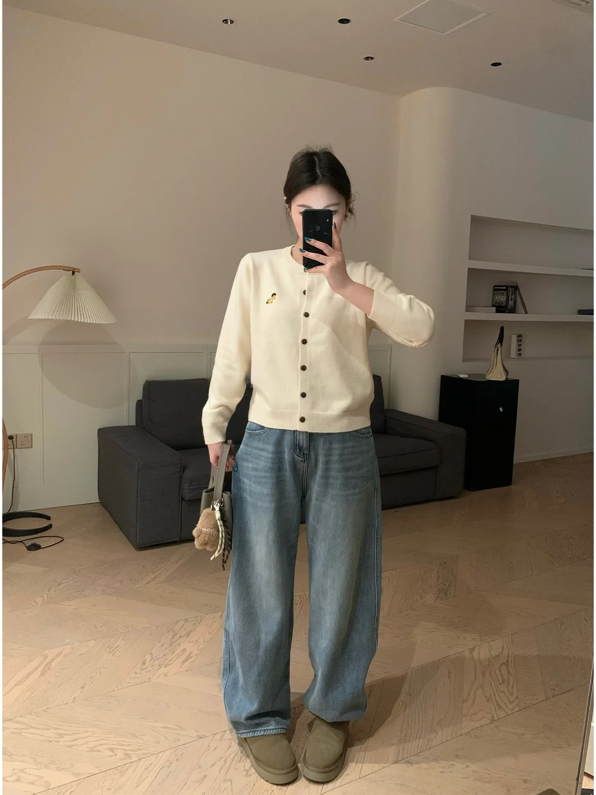 

Miaowangzhang Buet Vintage Straight Leg Jeans Light Blue Waed Loose Fit Ladies Cotton Denim Pants Street Sle Commute